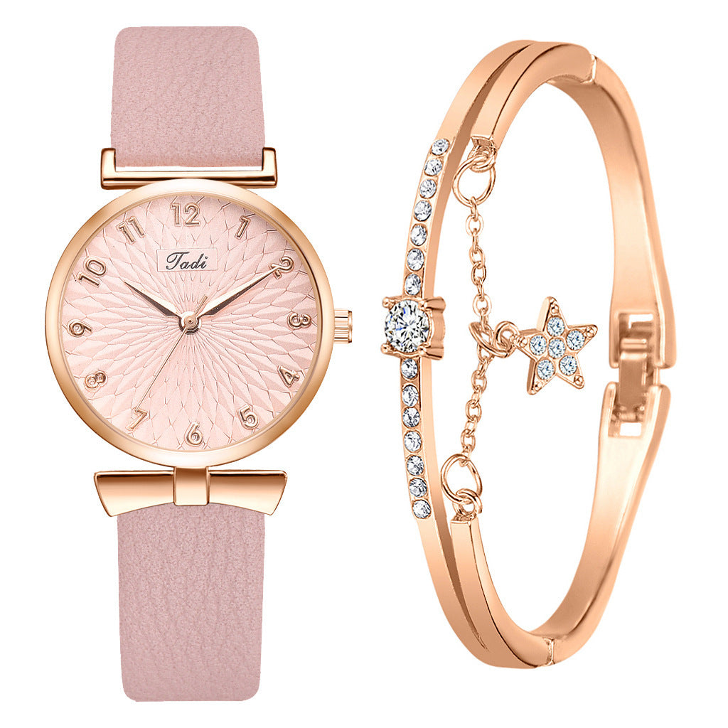 Elegant Women's Watch and Bracelet Set - Floral Dial with Matching Bangle