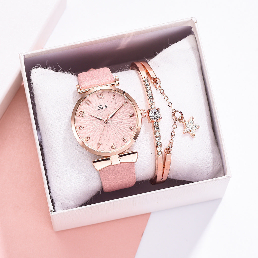 Elegant Women's Watch and Bracelet Set - Floral Dial with Matching Bangle