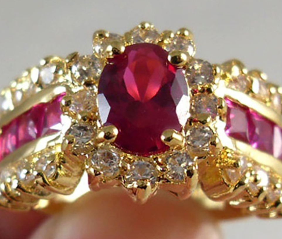 Fashion Women's 14K Yellow Gold Filled Ruby and CZ Halo Ring