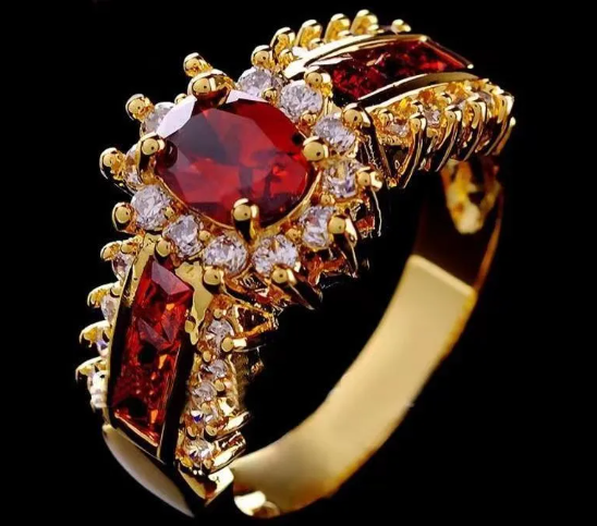 Fashion Women's 14K Yellow Gold Filled Ruby and CZ Halo Ring