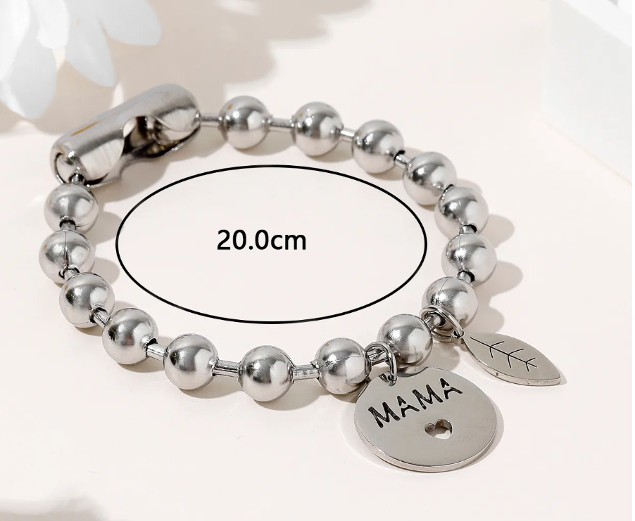 Silver-Toned Beaded Bracelet with "MAMA" Charm and Leaf Detail