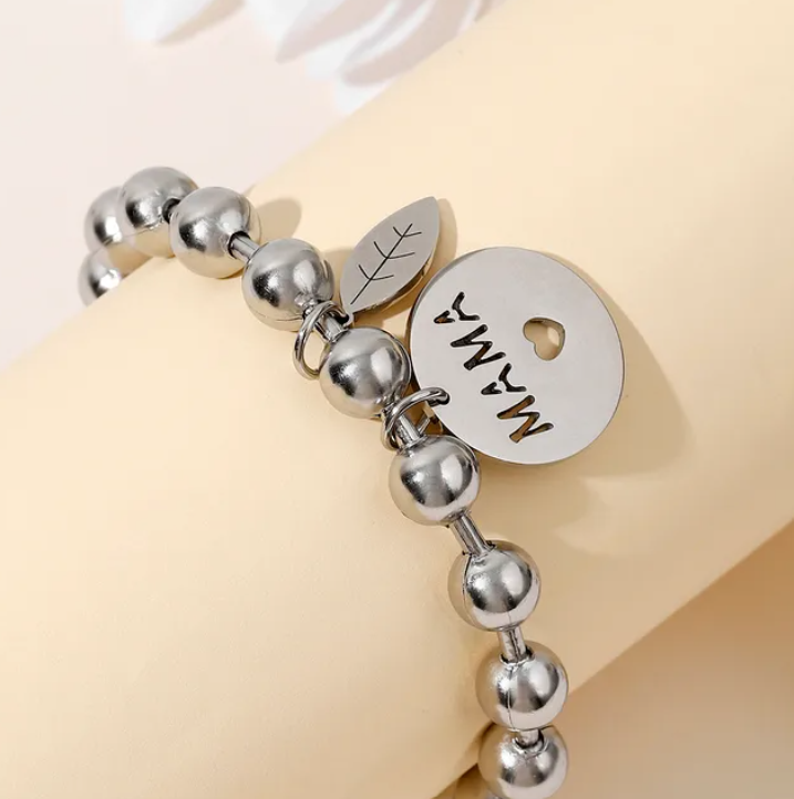 Silver-Toned Beaded Bracelet with "MAMA" Charm and Leaf Detail