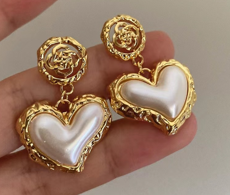 Romantic Golden Heart Drop Earrings with Pearlescent Inlay