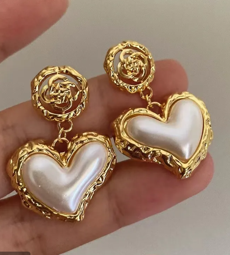 Romantic Golden Heart Drop Earrings with Pearlescent Inlay
