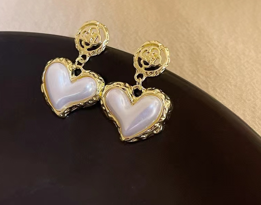 Romantic Golden Heart Drop Earrings with Pearlescent Inlay
