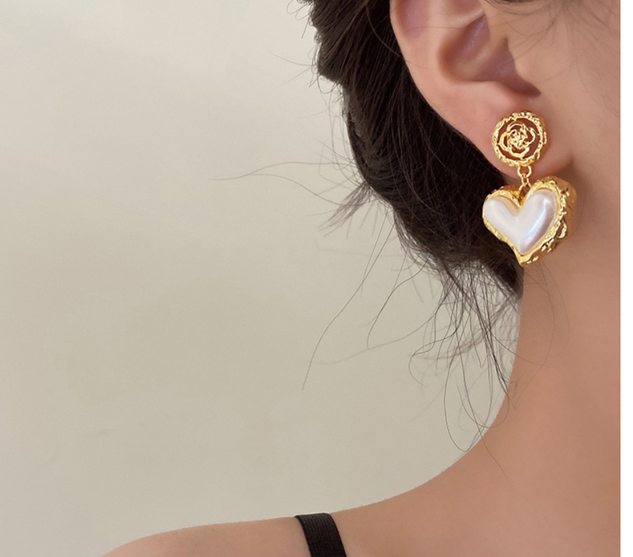 Romantic Golden Heart Drop Earrings with Pearlescent Inlay