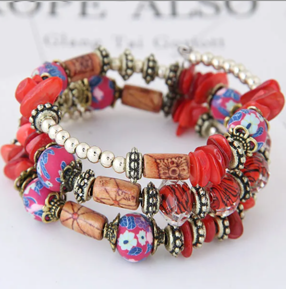 Bohemian Multilayer Bracelet Red Wood Floral Silver Tone Beaded Cuff