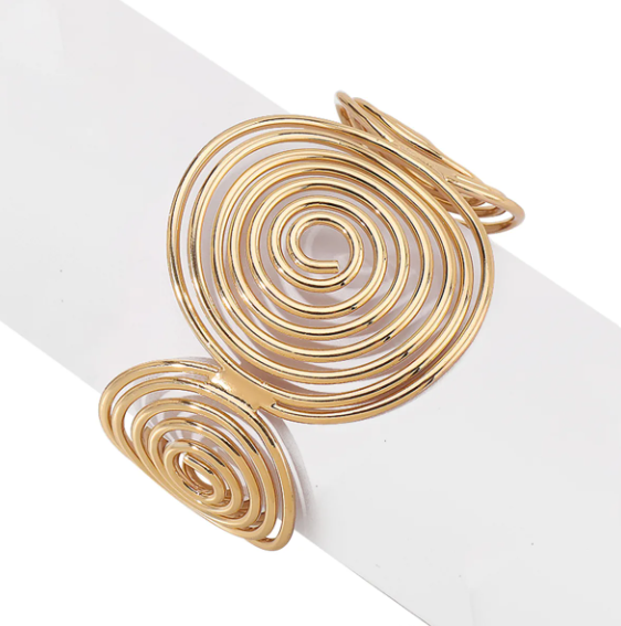 Gold Tone Spiral Wire Cuff Bracelet Abstract Modernist Statement Bangle