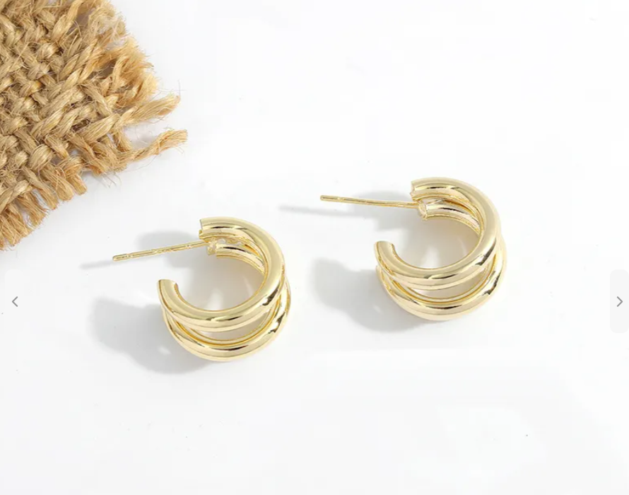 Minimalist Gold Tone Triple Hoop Stud Earrings