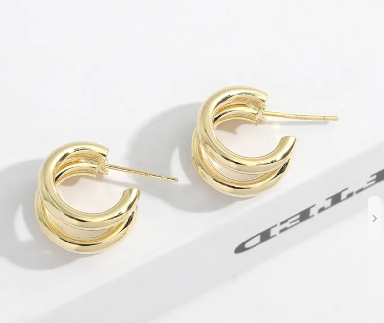 Minimalist Gold Tone Triple Hoop Stud Earrings