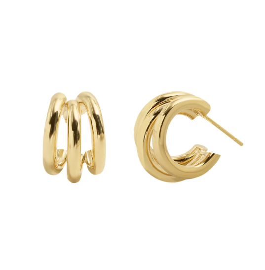 Minimalist Gold Tone Triple Hoop Stud Earrings