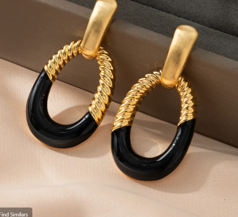 Black & Gold- Oval or Round Dangle Earrings Vintage Style Modern Accent