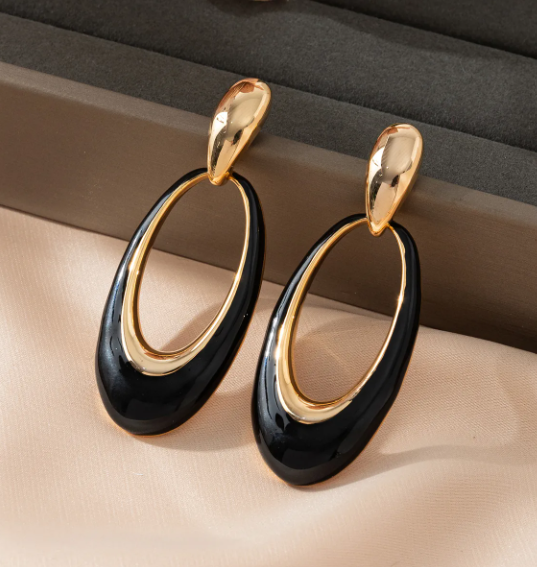 Black & Gold- Oval or Round Dangle Earrings Vintage Style Modern Accent