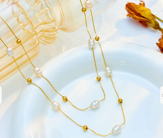 18K Gold Plated Double Layer Pearl Necklace Delicate Y-Necklace