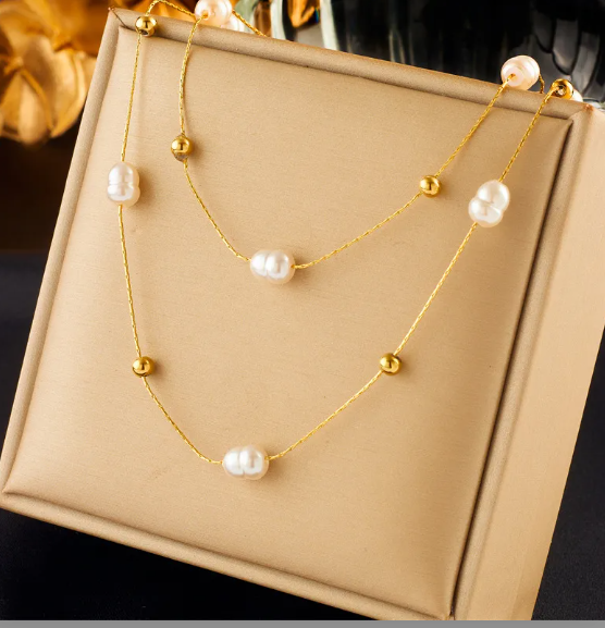 18K Gold Plated Double Layer Pearl Necklace Delicate Y-Necklace