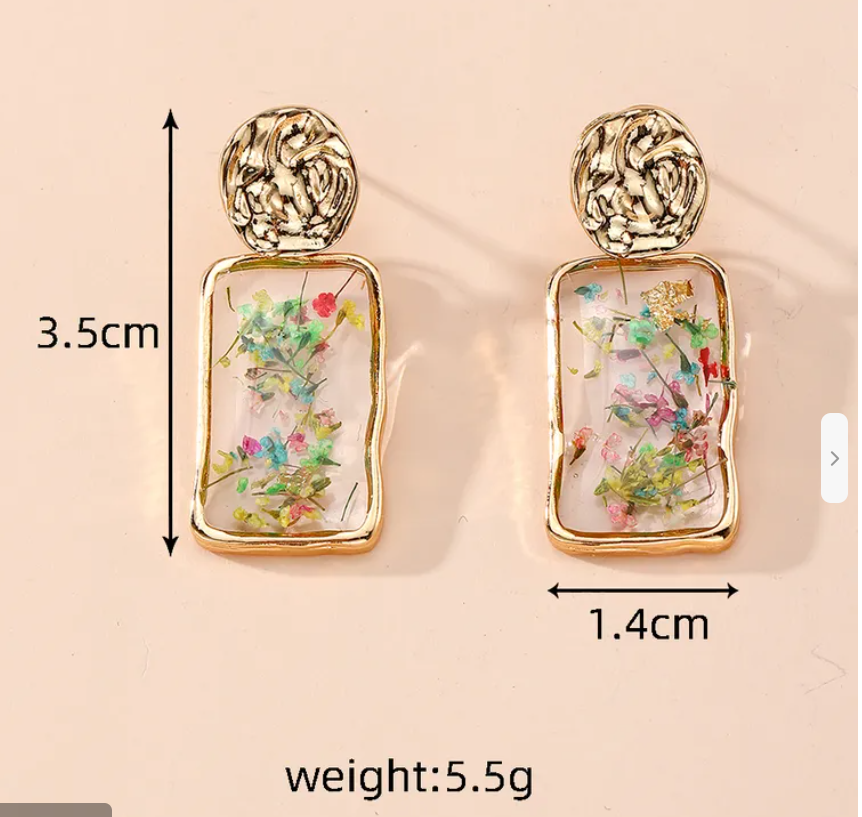 Pressed Flower Resin Drop Earrings-Gold Tone Textured Top, Botanical Earrings-Choice Round or Rectangle