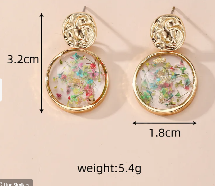 Pressed Flower Resin Drop Earrings-Gold Tone Textured Top, Botanical Earrings-Choice Round or Rectangle