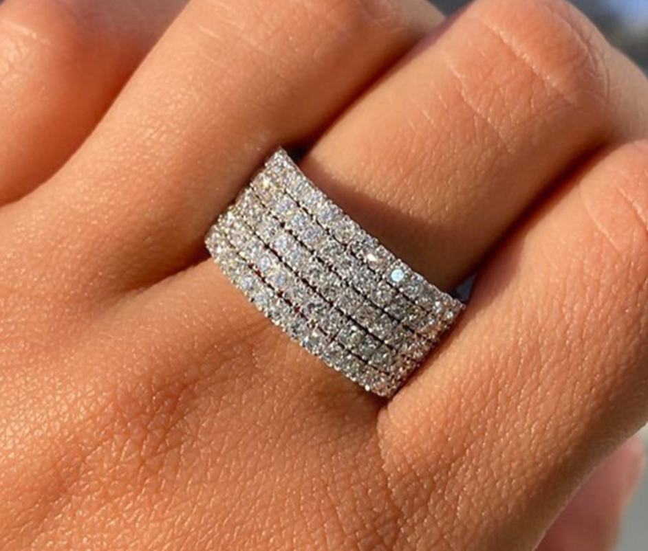 Glamorous 11mm Wide Zircon Statement Ring -Multi-Row Pave Band