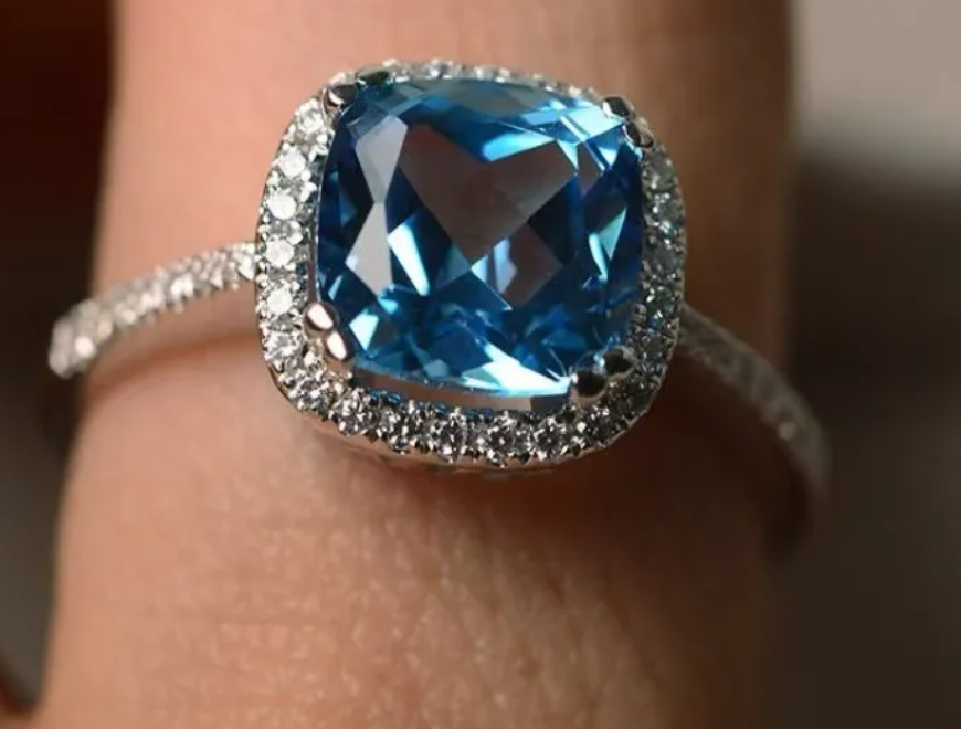 Vibrant Blue Cushion Cut Ring with CZ Halo - Silver Tone Band