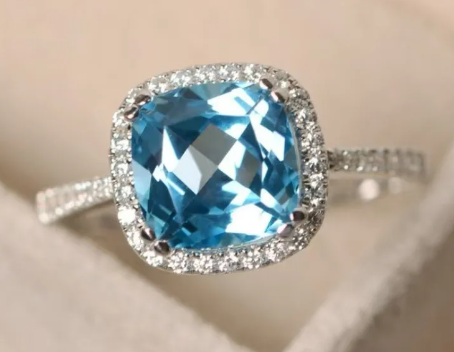 Vibrant Blue Cushion Cut Ring with CZ Halo - Silver Tone Band