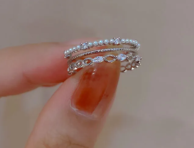 Adjustable Silver-Tone CZ and Faux Pearl Open Cuff Ring