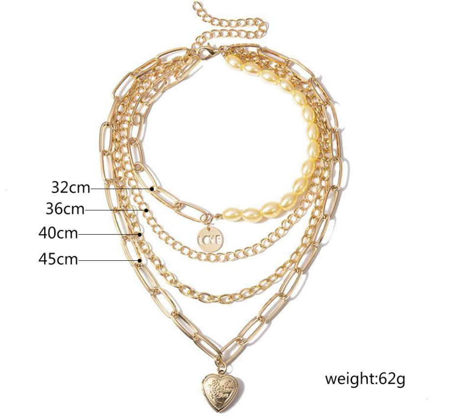 Layered Pearl and Heart Pendant Necklace - Gold Tone Chain