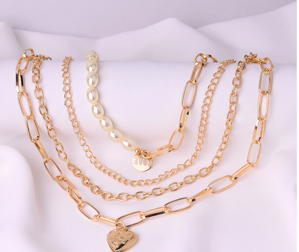 Layered Pearl and Heart Pendant Necklace - Gold Tone Chain