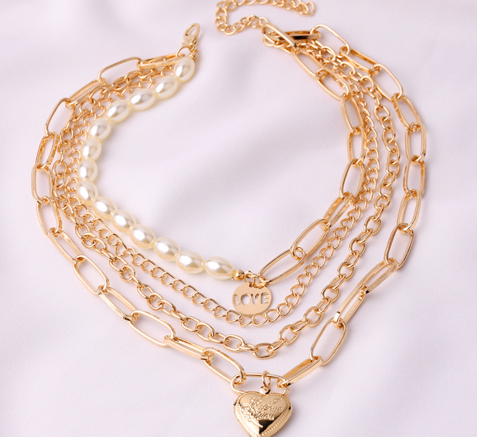 Layered Pearl and Heart Pendant Necklace - Gold Tone Chain