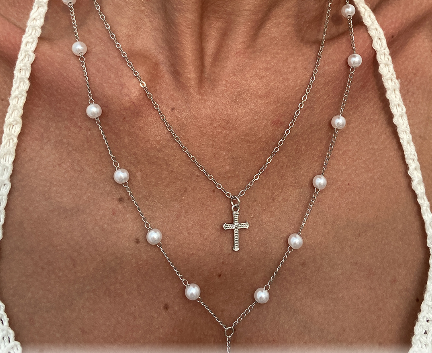 Layered Pearl & Cross Necklace - Silver/White Tone Y-Necklace