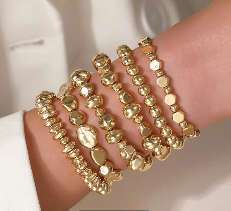 Gold Tone 4-Row Beaded Stretch Bracelet - Vintage Style Fashion Jewelry