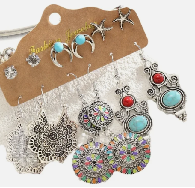 6 Pr Bohemian Vintage Style Earrings-Silver Tone, Turquoise, Mandala, Starfish