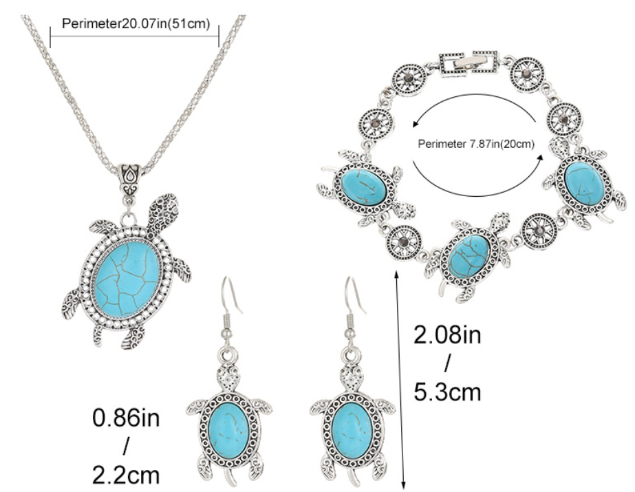 Turquoise Turtle Jewelry Set - Necklace Bracelet Earrings - Boho Beach Style