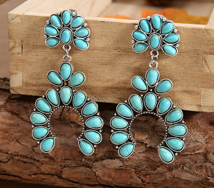 Southwestern Style Blue Turquoise Squash Blossom Horseshoe Drop Earrings