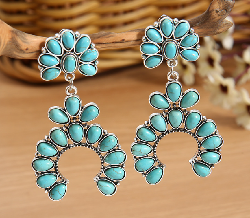 Southwestern Style Blue Turquoise Squash Blossom Horseshoe Drop Earrings