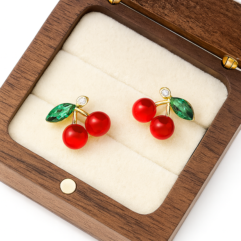 Cherry Stud Earrings, Red Beads & Green Leaf, Gold Tone, S925 Posts