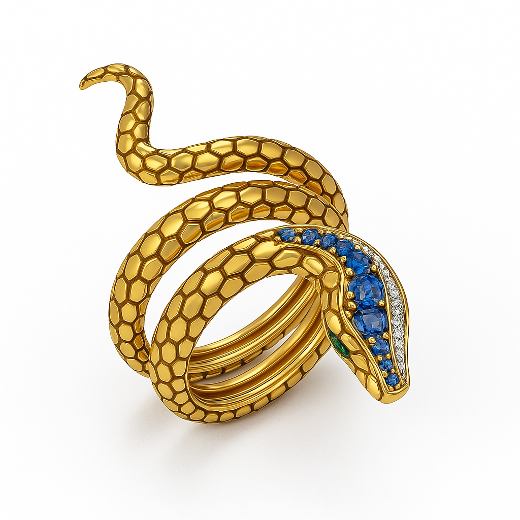 Gold Tone Snake Wrap Ring with Blue and White CZ Accents