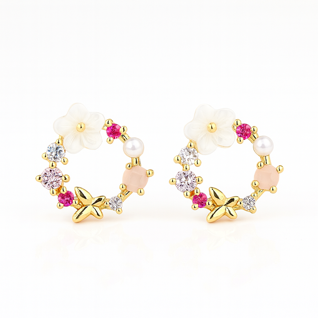 Gold Tone Hoop Stud Earrings with Floral and Pearl Accents