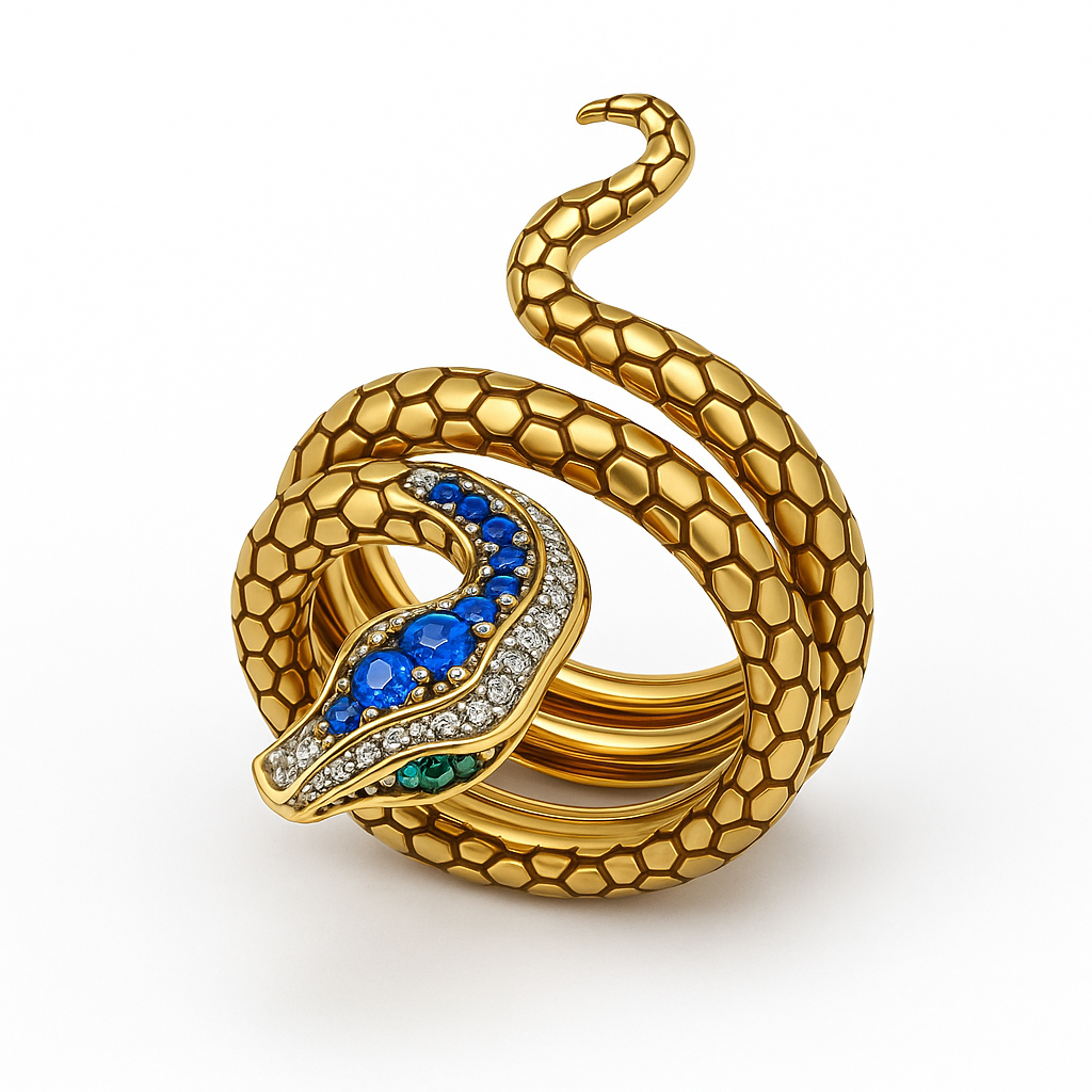Gold Tone Snake Wrap Ring with Blue and White CZ Accents