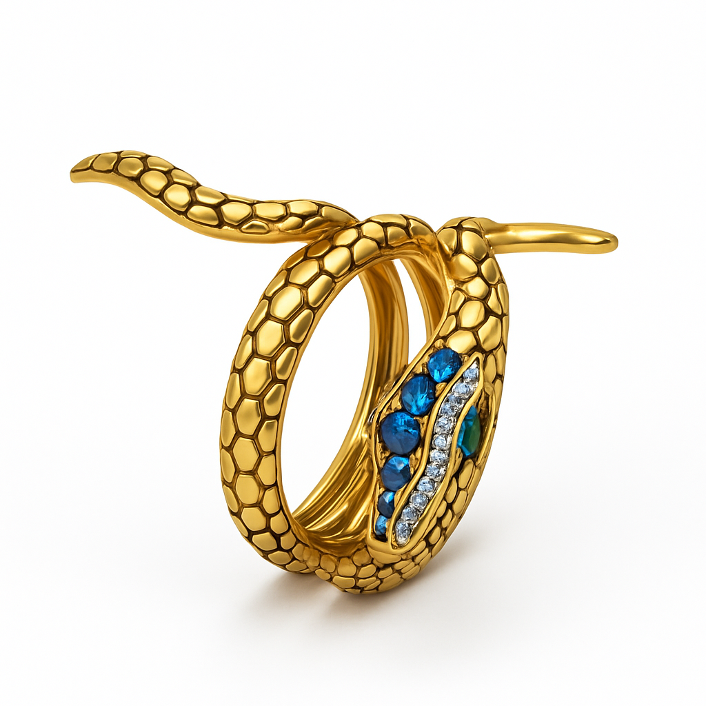 Gold Tone Snake Wrap Ring with Blue and White CZ Accents