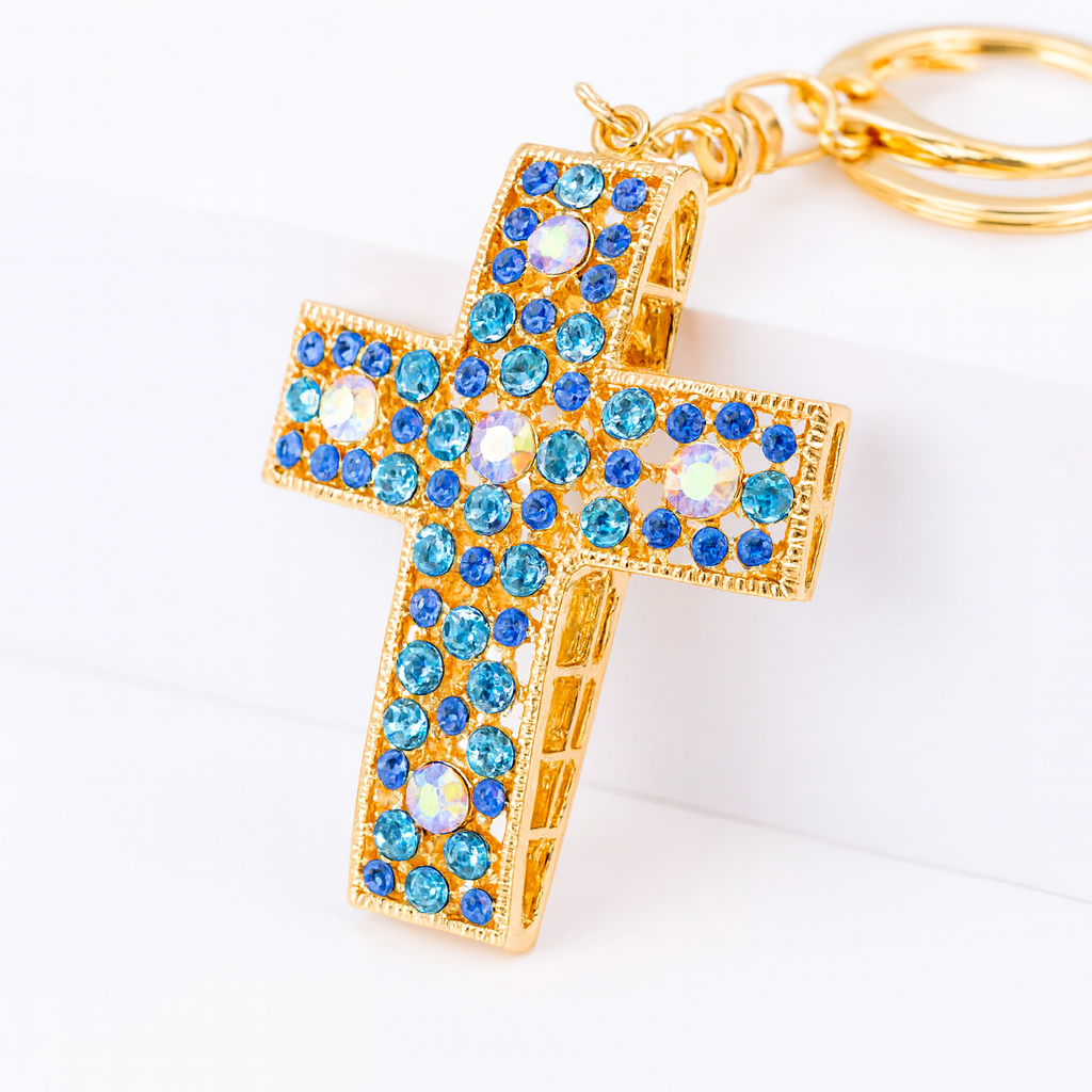Gold Tone Cross Keychain Blue Rhinestone Pave with Lobster Clasp