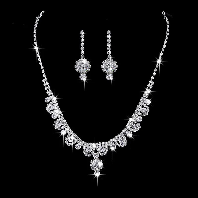 Bridal Pave CZ Necklace Earring Set Waterfall Drop Rhinestone Wedding Jewelry