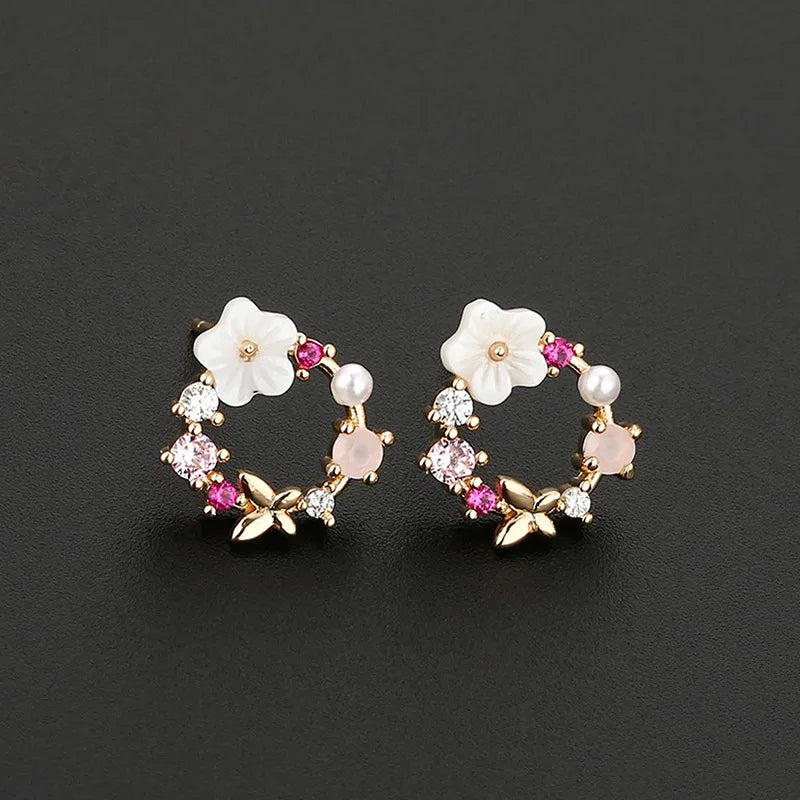 Gold Tone Flower Wreath Stud Earrings with Pearl, Rhinestone & Pink Accents