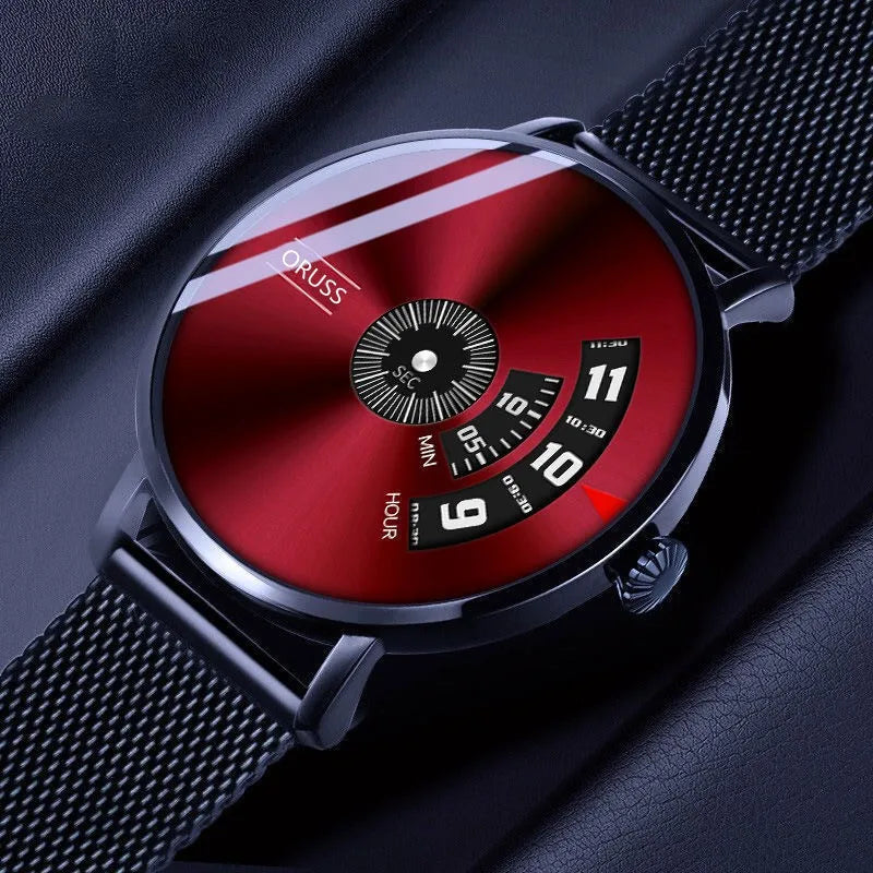 Rotating Disc Analog Watch, Sunburst Red OR Blue Dial, Mesh Strap, 2 Colors