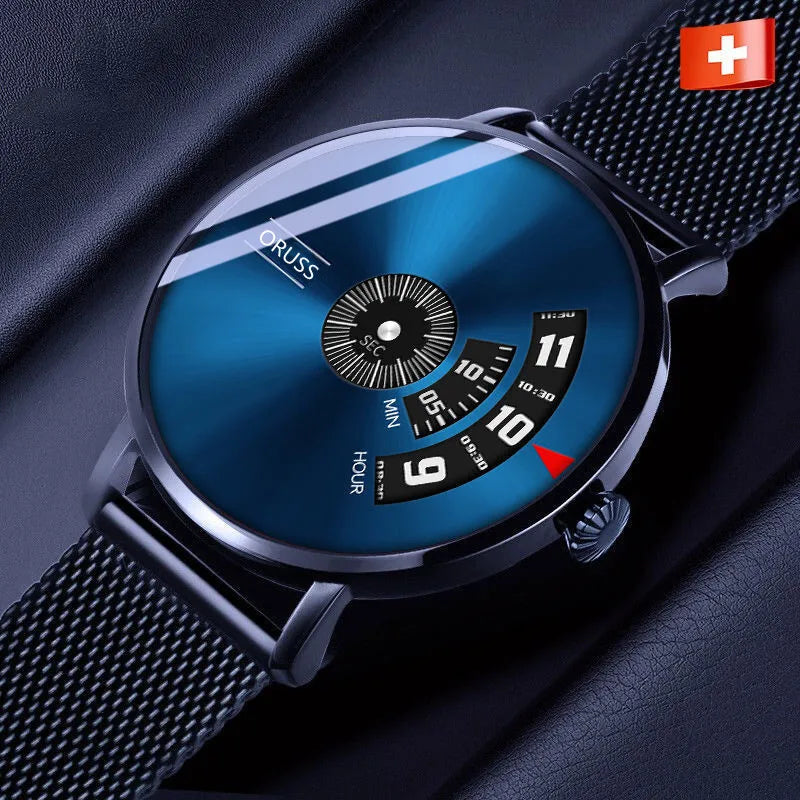 Rotating Disc Analog Watch, Sunburst Red OR Blue Dial, Mesh Strap, 2 Colors