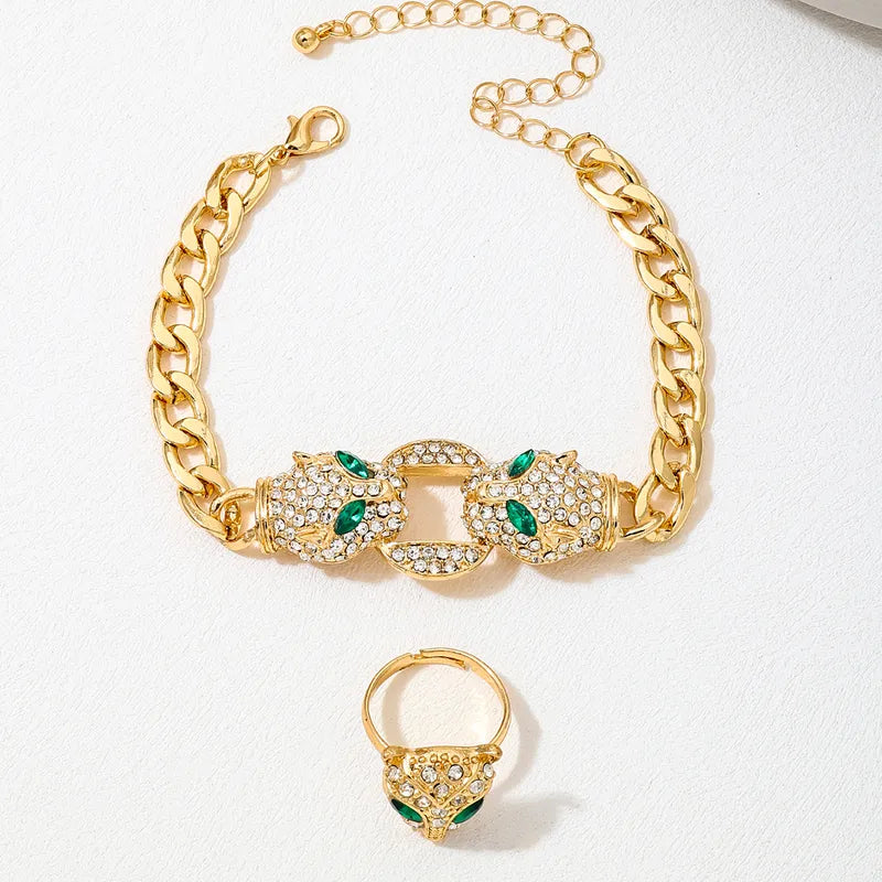 Gothic Jaguar Rhinestone Jewelry Set Women's Cuban Link Curb Chain