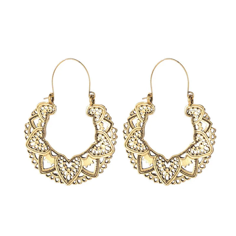 Retro Gold Tone Hoop Earrings with Heart & Filigree Flower Design