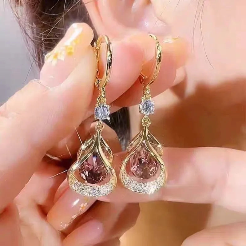 Teardrop Dangle Earrings, Rose Pink Rhinestone & Pave, Gold Tone