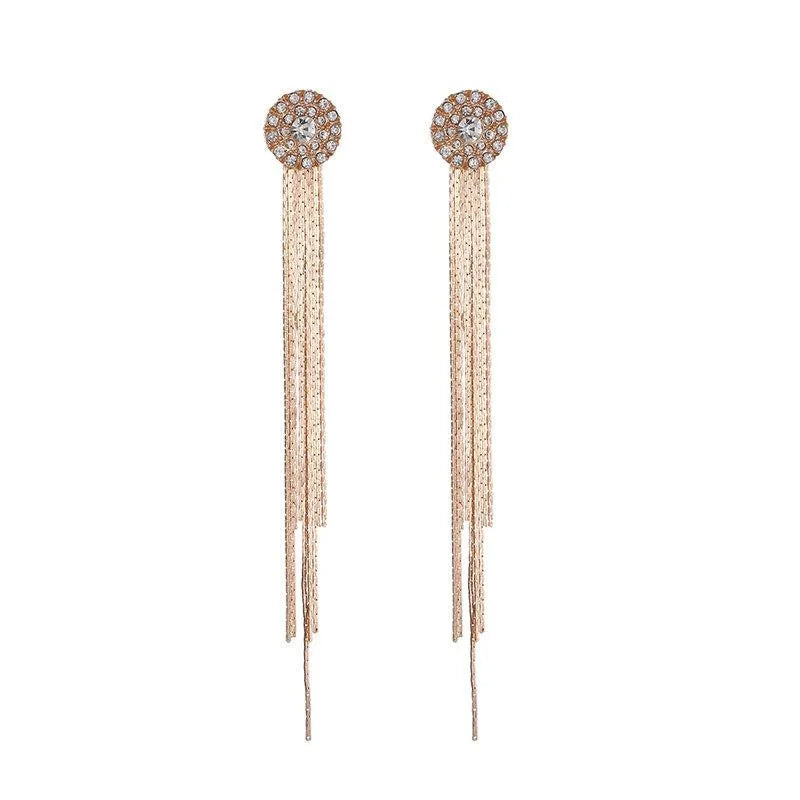 Gold Tone Long Tassel Earrings with Rhinestone Studs & Fringe Chain Dangles