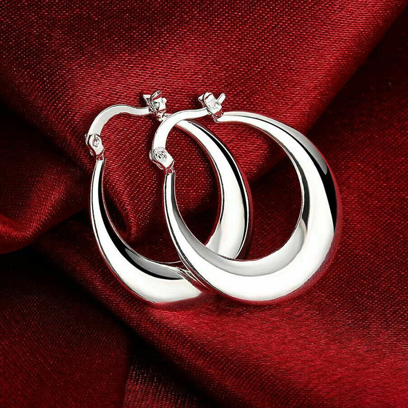 Polished Crescent Hoop Earrings, Silver Tone Plated Copper, 12g Pair