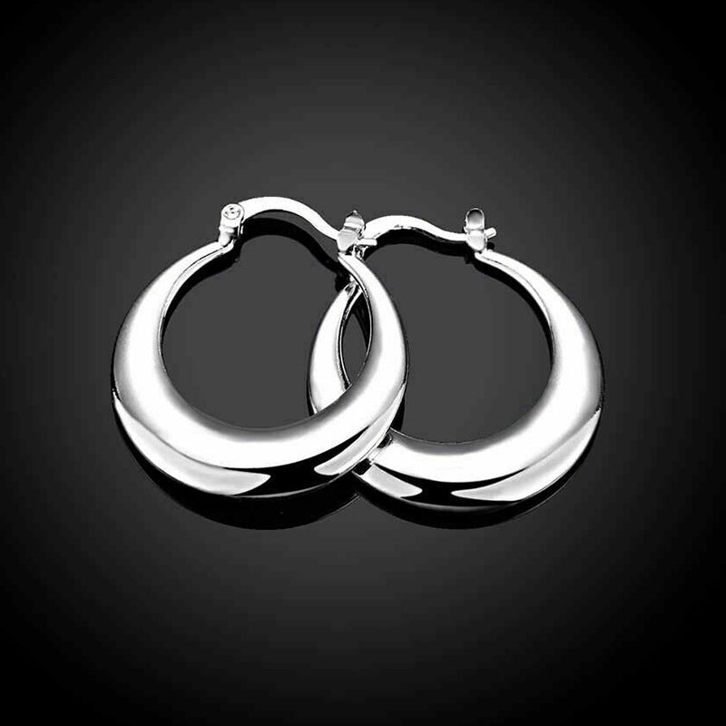 Polished Crescent Hoop Earrings, Silver Tone Plated Copper, 12g Pair